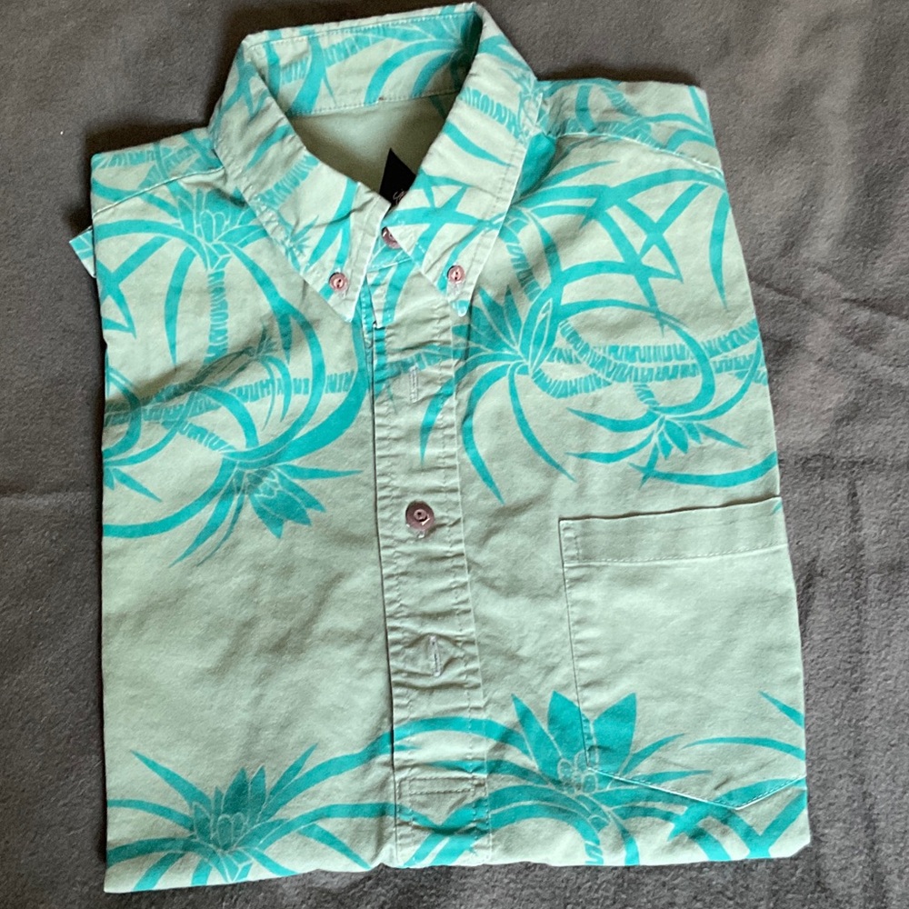 Sig Zane Aqua and Khaki Floral Button Down Aloha Shirt